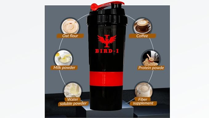 Gym Protein Shaker, 3-in-1, 500ml/16.9oz, BPA-Free, Metal Mixer. (RED), JT4101