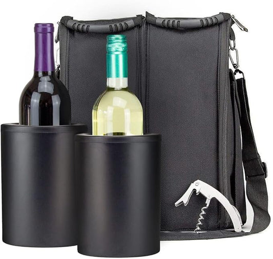 CaddyO Dual Travel Tote with 2 Wine Chillers, adjustable shoulder strap, 6 storage pockets, Sommelier Bottle Opener, 3 layers insulation. Zips apart - becomes two individual totes.