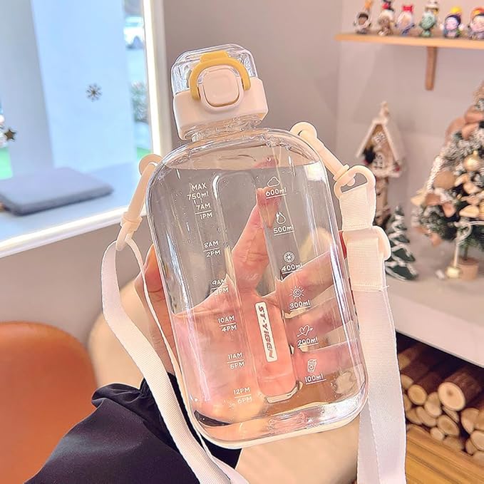 750ML Square Transparent Water Bottle, Cute Sports Water Jug with Adjustable Strap, Portable Motivational Water Bolttles for Travel, Hiking and Outdoor Workouts