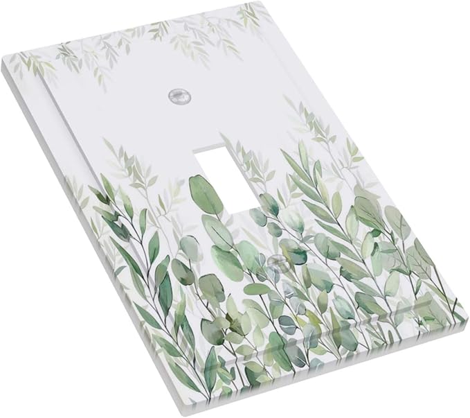Green Eucalyptus Rustic Botanical Plant Leaves 1 Gang Boho Light Switch Covers Decorative Single Toggle Wall Plate Switchcover Electrical Switchplate for Country Bathroom Bedroom Decor