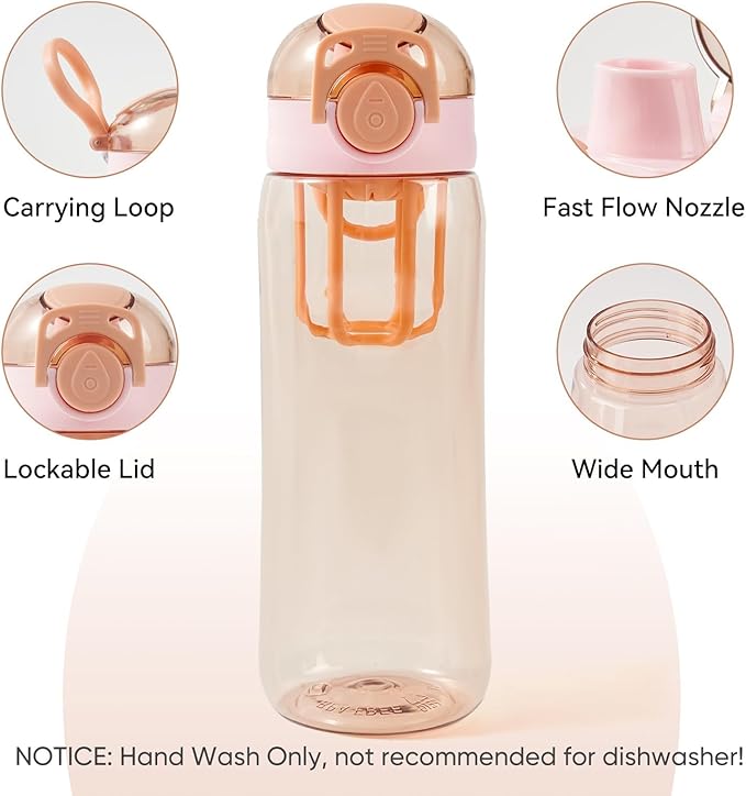 28oz Water Bottle with Fruit Infuser Strainer, BPA-Free Sports Water Bottle, One-Click Clear Water Bottle with Safety Lock for Office, Gym, Outdoors, Pink