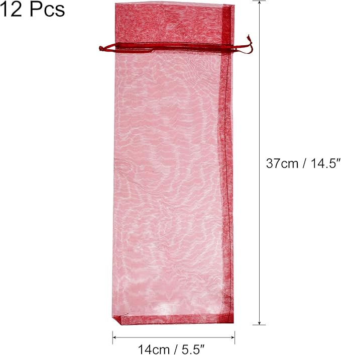 uxcell Organza Wine Bags, 12PCS 14.5 x 5.5 In Deep Red Sheer Mesh Organza Wine Wrapping Bags With Drawstring Wine Gift Pouches for Bottle Birthday, Wedding Party