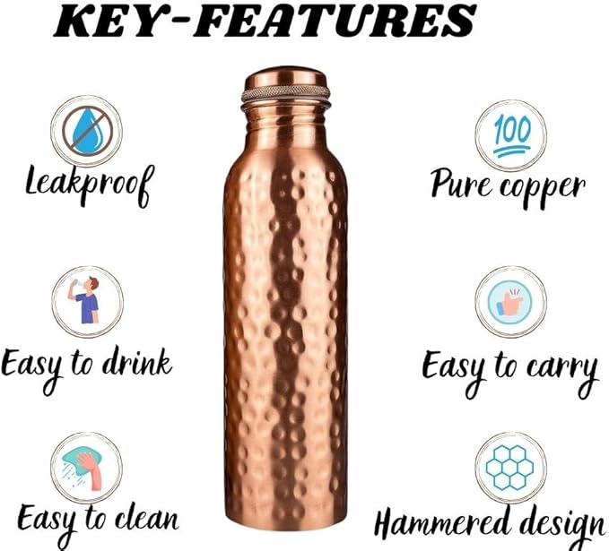 Himalayan Ayurveda Copper Water Bottle (32oz/950 ml) 100% Pure Handmade Hammered Ayurvedic Pure Copper Vessel for Drinking Heavy Duty & Leak-proof|Copper Water Bottle For Home, Office and Gifting