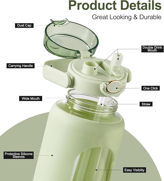 TKK 64 OZ Glass Water Bottle with Straw and Handle Half Gallon Bottle with Silicon Sleeve 2L Sports Water Bottles for Fitness, Gym, Workout - Light Green