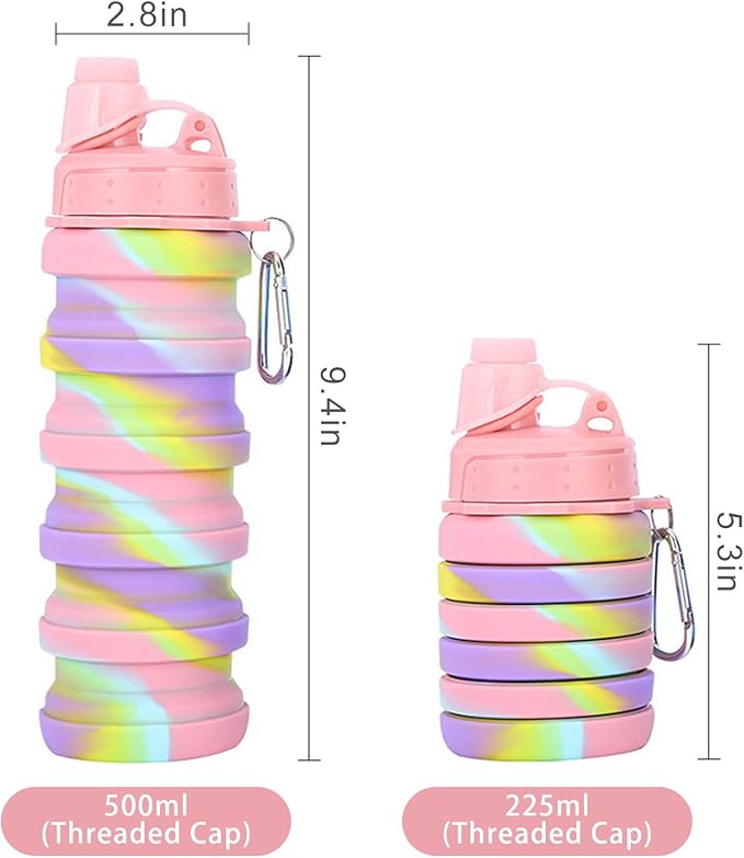 Collapsible Water Bottles Two Pack Travel Sports Portable Sport Water Bottle comes with mountaineering Buckle 500ml silicone Water-proof camping water bottle (Pink and purple Color)