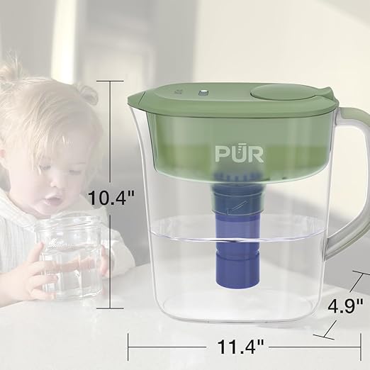 PUR 11-Cup Water Filter Pitcher with 1 Genuine PUR Filter, 11-Cup Capacity, 3-in-1 Powerful, Faster Filtration, Dishwasher Safe, Filter Change Light, Sage (PPT110MA)