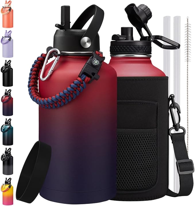 64 OZ Insulated Water Bottle - Half Gallon Water Bottle with Straw, Auto Spout Lid, Protective Boot & Paracord Handle, Stainless Steel 1/2 Gallon Jug Wide Mouth, Keep Cold 48H & Hot 24H