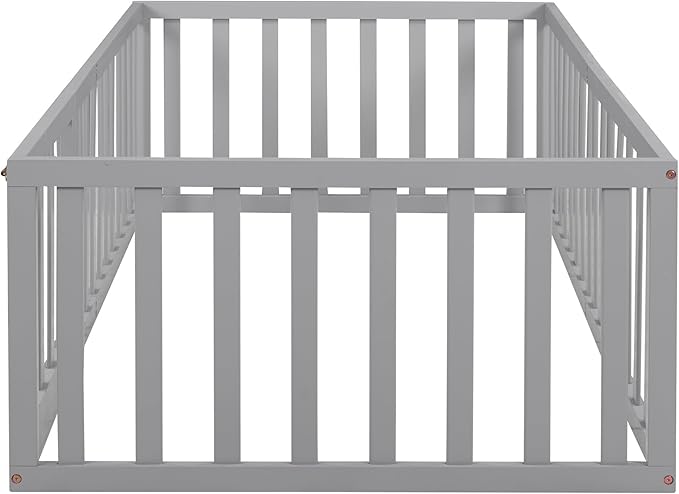 Twin Size Floor Bed with Fence, Solid Wood Floor Bed Frame for Kids with Door, Twin Platform Bed for Boys and Girls Kids Teens, Fun Design Multifunctional Floor Bed