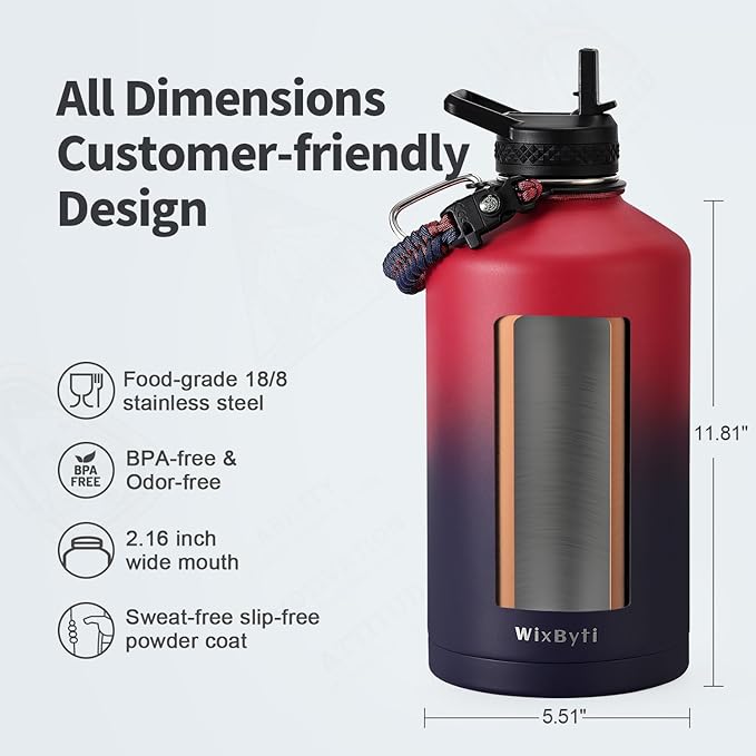 One Gallon Water Bottle Insulated, Triple Wall Vacuum Cold for 48 Hrs & Leak-proof & Non-BPA, 128oz Large Sports Stainless Steel Water Jug with Paracord Handle Straw Spout Lids & DIY Stickers