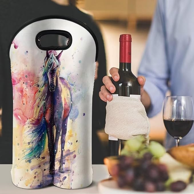 doginthehole Horse Wine Bottle Travel Bag 2-Bottle Wine Carrying Tote Picnic Cooler Bag Watercolour Animal Print Champagne Carrier Bag Portable Neoprene Wine Tote Holders Insulated Sleeve