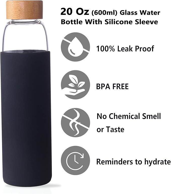 Laster Glass Water Bottle 20 Oz, 600 ml, made of Borosilicate Glass, 1 Bamboo & 1 Stainless Steel Lid, BPA Free, Non-Slip Silicone Sleeve (Black)