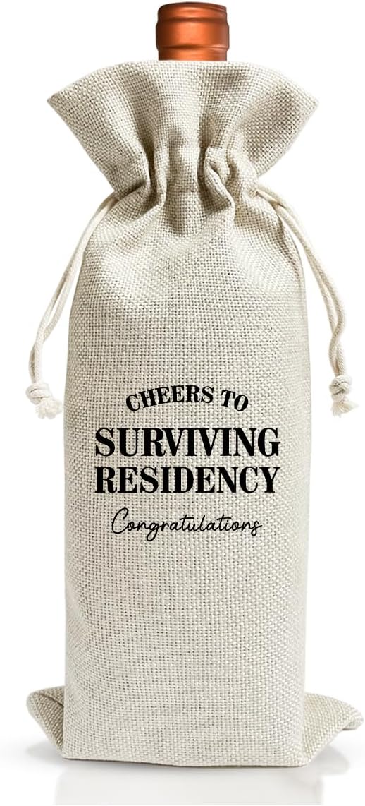 Surviving Residency Gifts Wine Bag For Students Friend Doctor Nurse Practitioner, Med School Farewell Graduation Party Decoration, Reusable Burlap Wine Bag, Cheers To Surviving Residency