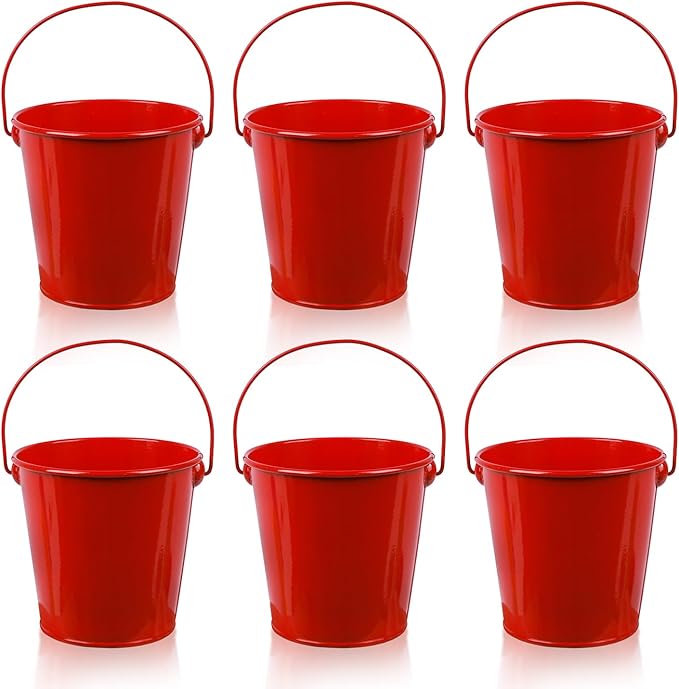 Small Metal Buckets with Handle 6 Pcs – Galvanized Bucket Leak Proof & Rust Resistant 20 fl oz Capacity - Best for Party Décor, Organizing & Decorating Classrooms (Red, Small 4.3" Top)