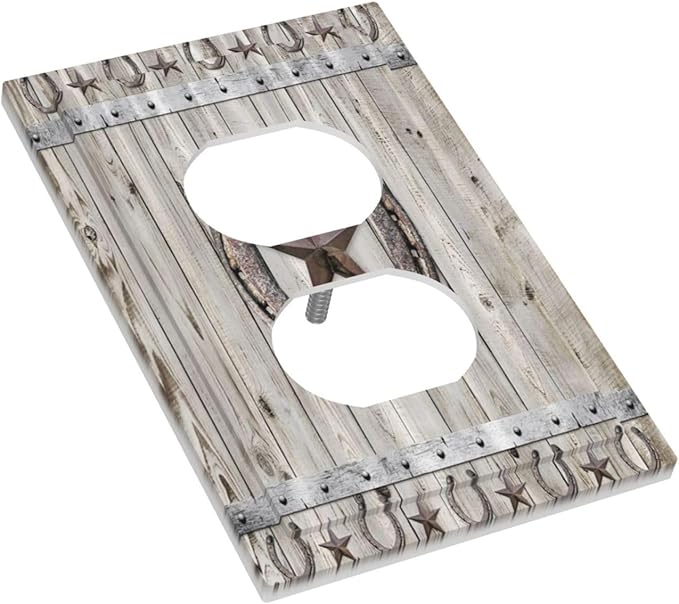 Rustic Western Wood Barn Door Horseshoe Iron Star Single Duplex Wall Plate Covers Light Switch Cover 1 Gang Outlet Plate Decorative Switchplate Covers Electrical Faceplate for Farmhouse Bedroom