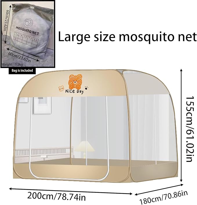 CMINGJ Mosquito Net for Bed, Portable pop up Mosquito Netting with Bottom, Free Installation-Suitable for Bedroom, Camping, Folding Portable Design for Baby Adults (Orange Bear)