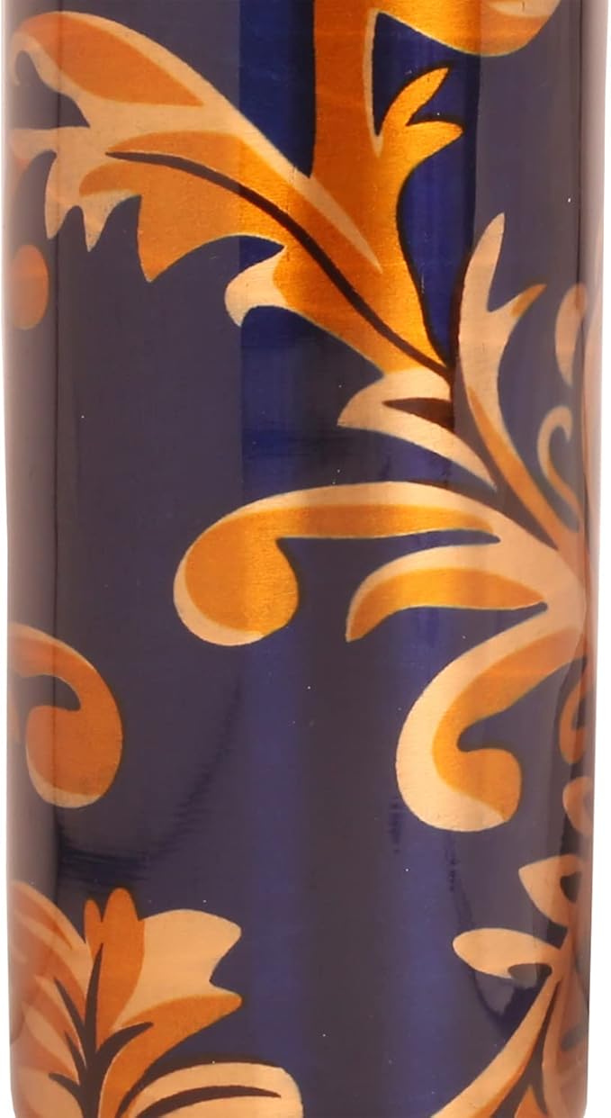Pure Copper Water Bottle - Handcrafted - Ayurveda health benefits - Large 35 oz - Leak proof - Easy to carry for Sports, Fitness, Yoga, School - Royal Blue Base Floral Golden Vines Enamel