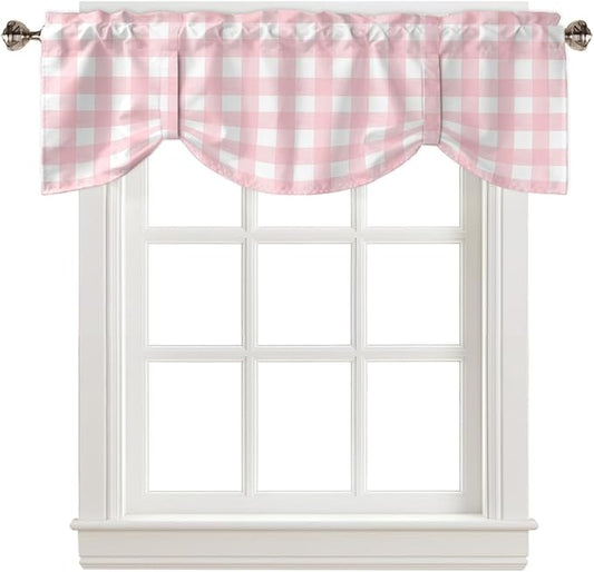 Christmas Blackout Tie Up Valance Curtains for Kitchen Windows Rustic Pink White Buffalo Check Plaid Pattern Window Toppers Balloon Shades for Living Room/Bathroom/Bedroom,1 Panel, 60" X 18",Farmhouse