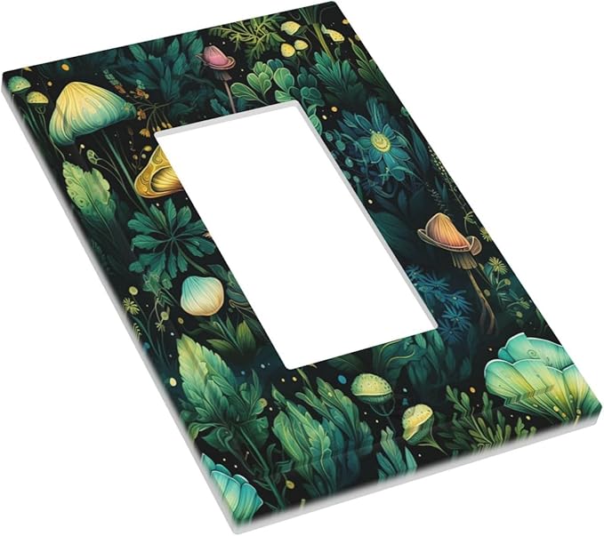 Green Dark Forest Mystical Mushroom 1 Gang Rocker Light Switch Covers Single Decora Outlet Wall Plate Decorative Switchplate Faceplate GFCI for Country Bathroom Bedroom Kitchen Decor