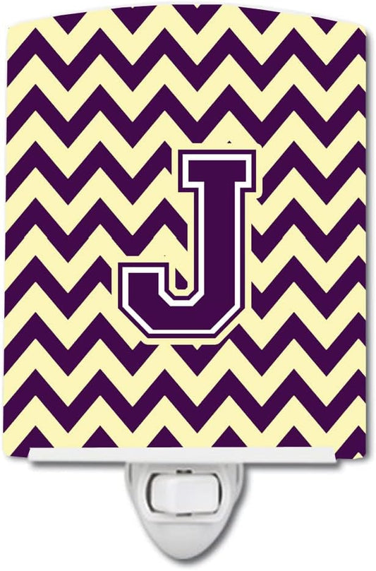 Caroline's Treasures CJ1058-JCNL Letter J Chevron Purple and Gold Ceramic Night Light Compact, UL-Certified, Ideal for Bedroom, Bathroom, Nursery, Hallway, Kitchen, 6x4x3, Multicolor