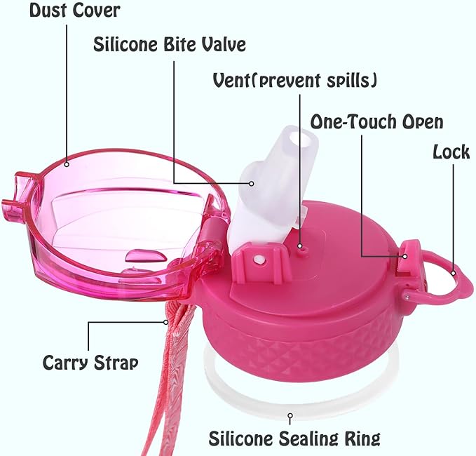 OLDLEY Replacement Straw Lid for 15 oz Water Bottle, Leakproof Spillproof Dustproof One-Click Open Cap with Carry Strap