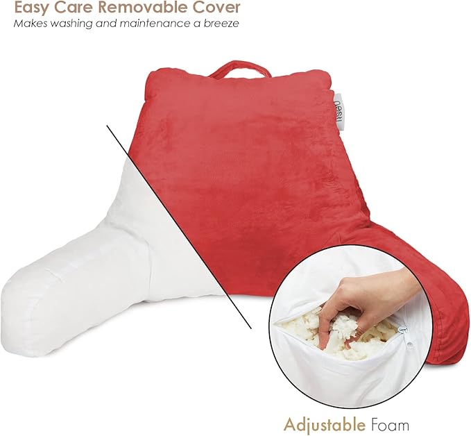 Nestl Reading Pillow Standard Bed Pillow, Back Pillow for Sitting in Bed Shredded Memory Foam Chair Pillow, Reading & Bed Rest Pillows Cherry Red Back Pillow for Bed, Bed Chair Arm Pillow with Pockets