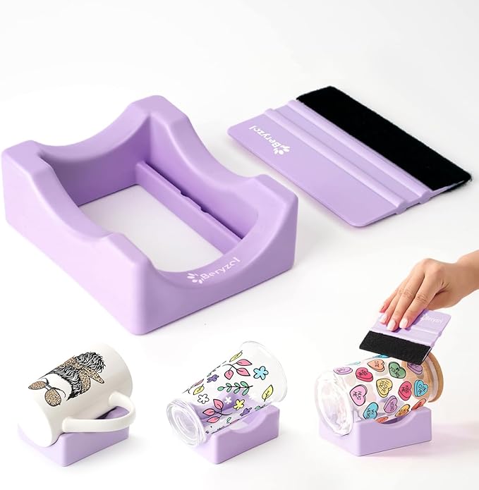 Silicone Cup Cradle, Cup Cradle for Tumblers Use to Apply UV DTF Decal/Apply Vinyl Decals -Keep Mugs in Place with Felt Squeegee（Purple）