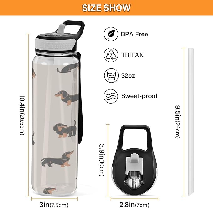 Kigai Cute Dachshund Dogs Clear Water Bottle with Straw Lid, BPA-Free Leakproof Sport Water Bottle 32oz Large Gym Water Jug for Men Women Travel Fitness Outdoor