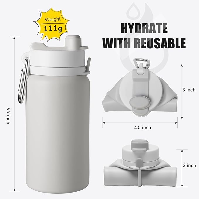 Opard Collapsible Water Bottles 19 Oz - BPA Free, Leak Proof, Foldable Silicone Collapse Bottle, Easy to Compact and Expandable, Travel Essentials Accessories