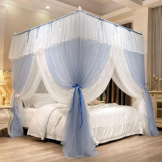 Mengersi Canopy Bed Curtains with Lights,4 Corner Bed Canopy Royal Luxurious Bed Drapes Netting,Princess Bed Curtains for Girls Adults Bedroom Decoration (Gray Blue, King)