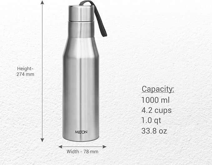 Milton Stainless Steel Water Bottle (34 oz), Non insulated Single Walled, Leakproof, BPA Free for Sport, Gym, Bike, Travel, Super 1000, Silver