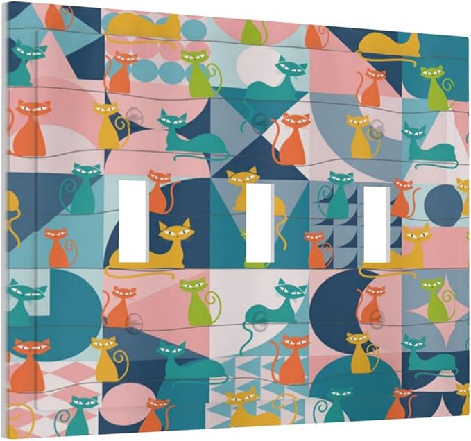 Mid Century Modern Atomic Cute Cats 3 Gang Light Switch Covers Triple Toggle Wall Plate Decorative Switchplate Electrical Faceplate for Kidroom Nursery Bedroom Decor