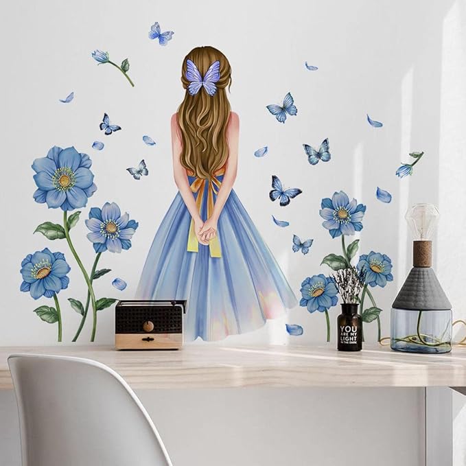 Baby Girl Wall Decals Blue Flower Butterfly Wall Sticker DIY Butterfly Wall Decals Removable Vinyl Peel and Stick for Kids Baby Nursery Bedroom Playroom Art Decoration