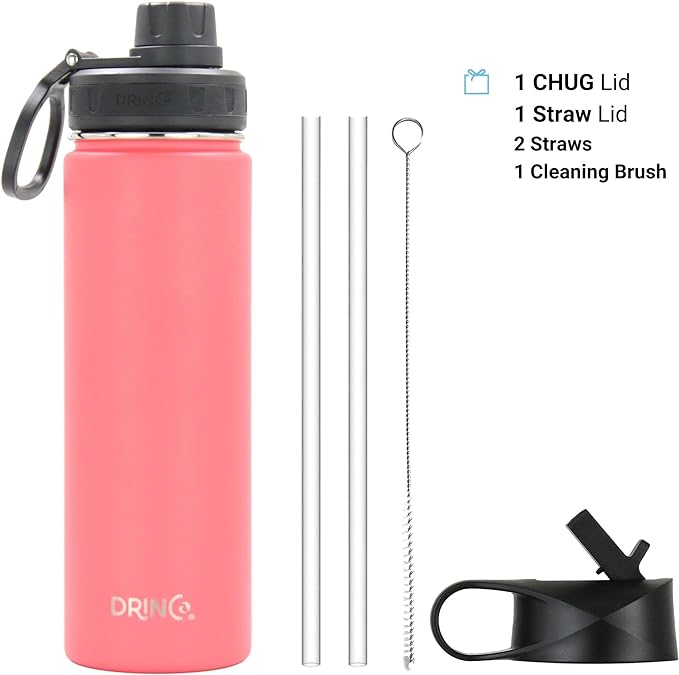 DRINCO Stainless Steel Water Bottle Spout Lid Vacuum Insulated Double Wall Water Bottle Wide Mouth (40oz 32oz 22oz 18oz 14oz) Leak Proof Keeps Cold or Hot (22 oz, 22oz Coral Paradise)