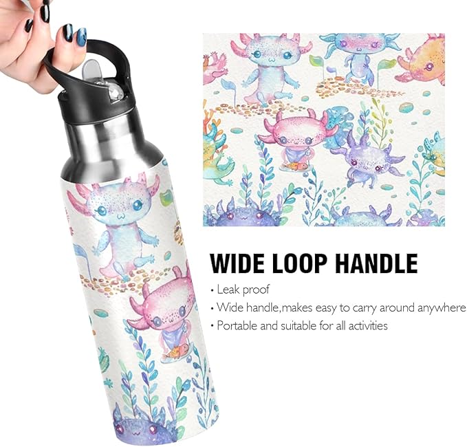 Axolotl Sports Water Bottle, Double Wall Vacuum Insulated Stainless Steel Water Bottle with Straw Keeps Hot and Cold, Bike Running Sports Travel Gym 20oz