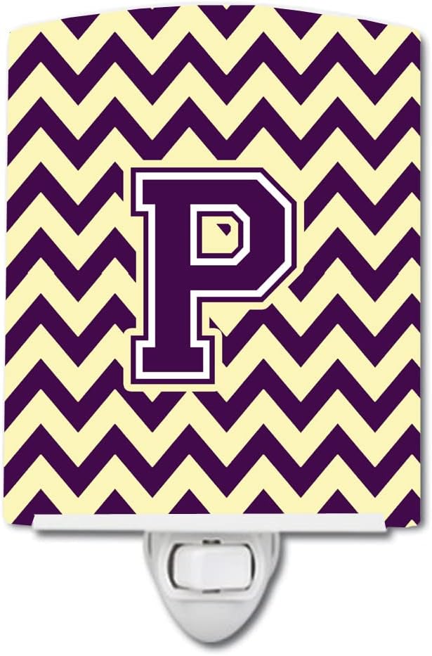 Caroline's Treasures CJ1058-PCNL Letter P Chevron Purple and Gold Ceramic Night Light Compact, UL-Certified, Ideal for Bedroom, Bathroom, Nursery, Hallway, Kitchen, 6x4x3, Multicolor