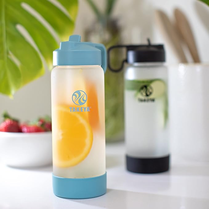 Takeya 22 Oz Glass Water Bottle, Shatter Resistant, Premium Quality, Sure-Grip with Straw Lid, Onyx