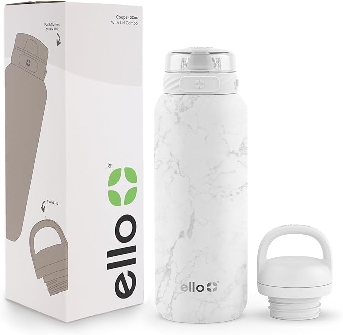 Ello Cooper 32oz Stainless Steel Water Bottle with 2 Lids Chug and Straw | Leak Proof | Double Walled and Vacuum Insulated | Built in Carry Loop | Dishwasher Safe | White Marble