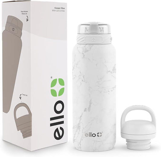 Ello Cooper 32oz Stainless Steel Water Bottle with 2 Lids Chug and Straw | Leak Proof | Double Walled and Vacuum Insulated | Built in Carry Loop | Dishwasher Safe | White Marble