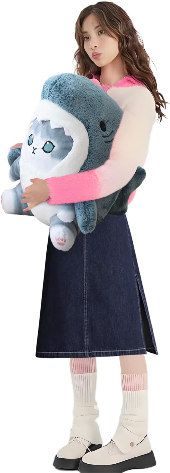 Kawaii Shark Cat Plush Toy Stuffed Animal Doll, Cute Soft Pillow Stress Release Hugs Toys Christmas Halloween Birthday Gifts for Kids Boys Girl Best Gift (Blue - Grey,19 inch)