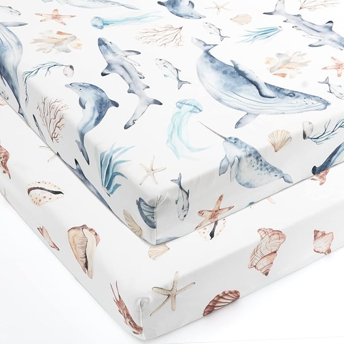 GRSSDER Stretchy Super Soft Jersey Knit Fitted Pack n Play Sheets Set 2 Pack,Portable/Mini Crib Sheets Snug and Safe,Beautiful Marine Organism for Boys and Girls