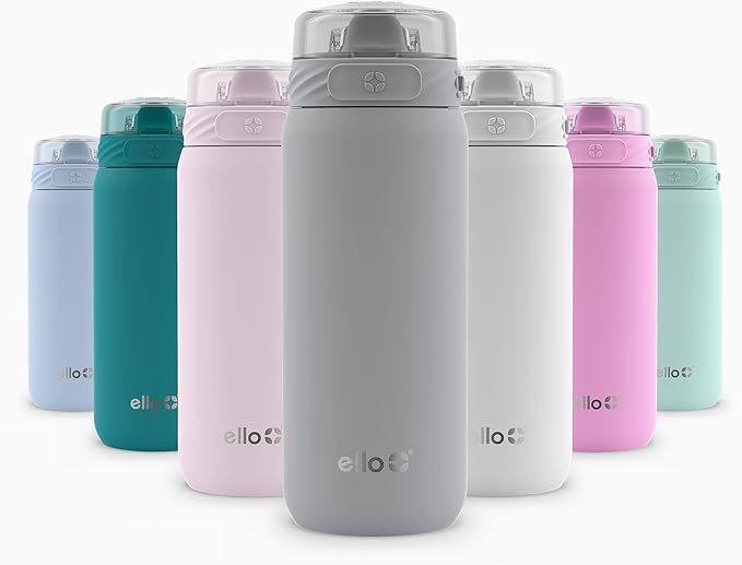 Ello Cooper 18oz Kids Stainless Steel Water Bottle with Straw and Carry Handle, Double Walled and Vacuum Insulated Metal, Leak Proof Locking Lid with Soft Silicone Spout, Reusable, BPA Free, Gray