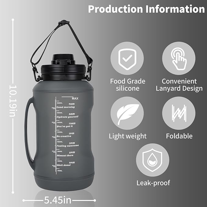 Collapsible 64oz Water Bottle with Handle & Straw - Spill-Proof Foldable Silicone Bottle for Men/Women (Black, 2L)