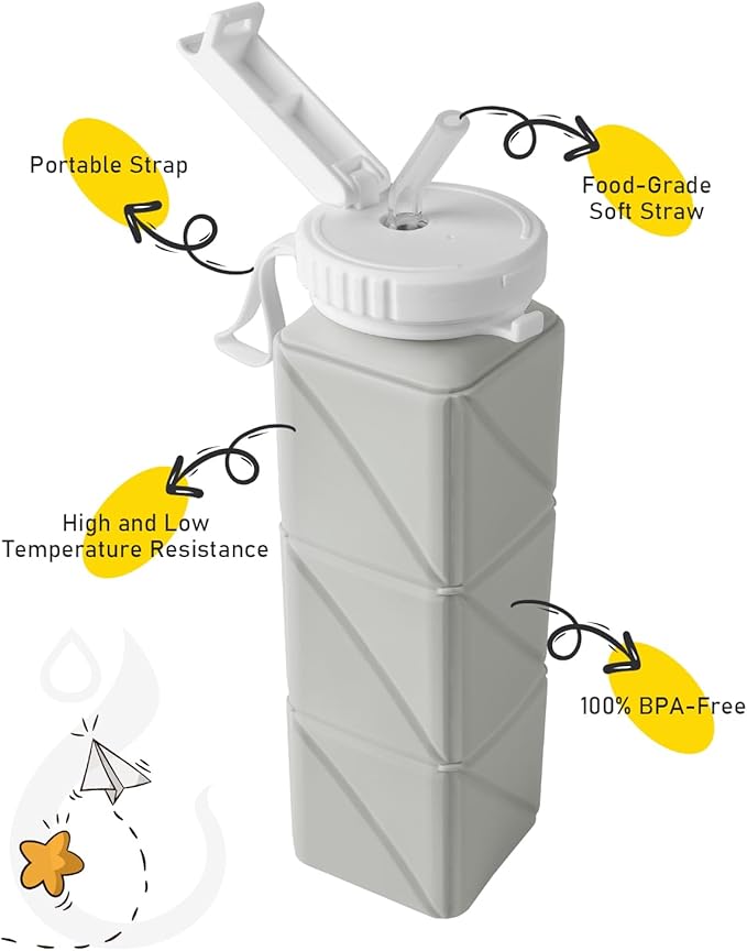 Opard Collapsible Water Bottles 21 Oz - BPA Free, Leak Proof, Foldable Silicone Collapse Water Bottle with Straw, Easy to Compact and Expandable, Travel Essentials Accessories (Grey)
