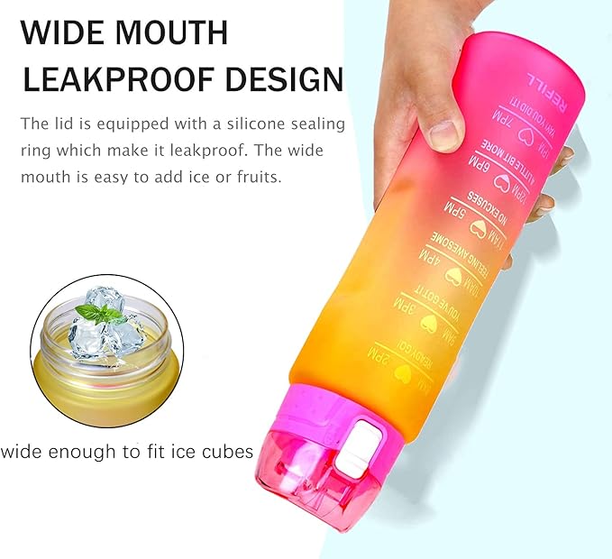 XACIOA Water Bottle with Straw,32oz Plastic Cup with Motivational Time Marker,1L Tritan Sport Lightweight Leakproof BPA-Free,Wide Mouth Fast Flow Ensure You Have Times to Drink,with Straw & Cup Brush