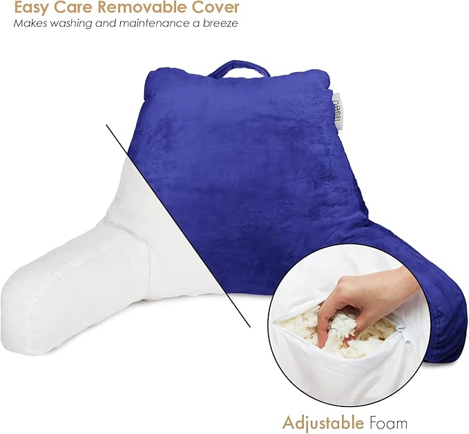 Nestl Reading Pillow Standard Bed Pillow, Back Pillow for Sitting in Bed Shredded Memory Foam Chair Pillow, Reading & Bed Rest Pillows Royal Blue Back Pillow for Bed, Bed Chair Arm Pillow with Pockets