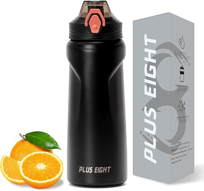 Sports Water Bottle, 25 oz Insulated Water Bottle With Straw, Stainless Steel Water Bottle Wide Mouth for Sports, Gym or Office, BPA-Free Keep Cold 24H Hot 12H (Black)