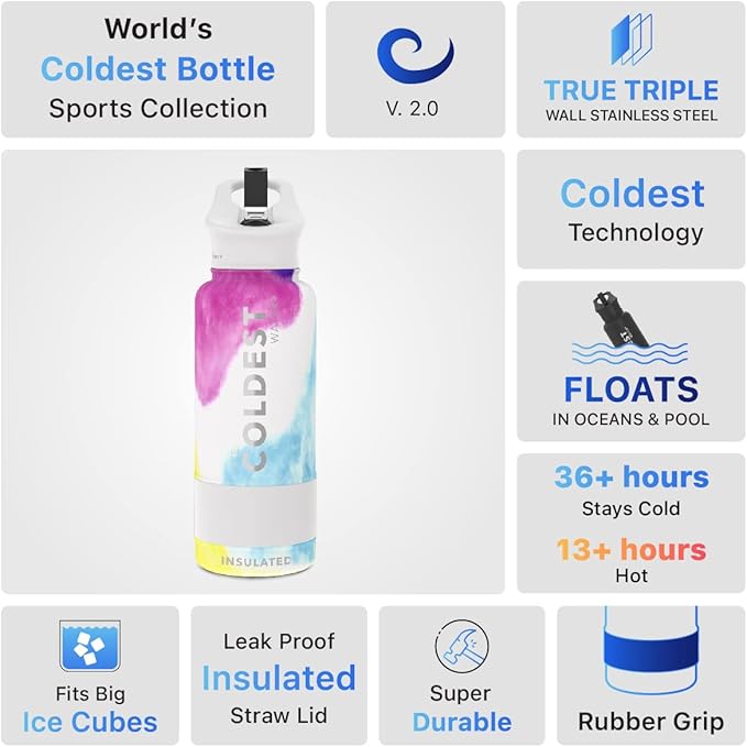 Coldest Sports Water Bottle with Straw Lid Vacuum Insulated Stainless Steel Metal Thermos Bottles Reusable Leak Proof Flask for Sports Gym (32 oz, Clouds of Tie Dye)