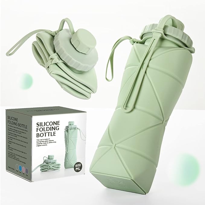 Collapsible Water Bottle, Silicone Foldable Water Bottles For Travel,Lightweight, Leakproof, and Reusable Perfect for Travel, Camping, Yoga, and Outdoor Sports,BPA Free, 20 oz （Green ）