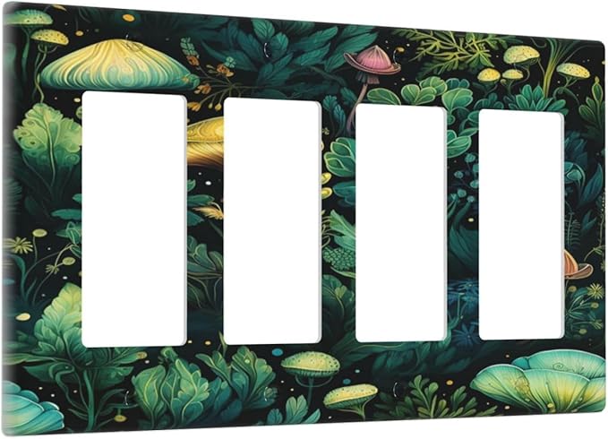 Green Dark Forest Mystical Mushroom 4 Gang Rocker Decora Light Switch Cover Outlet Covers Wall Plate Decorative Switchplate Electrical Faceplate GFCI for Country Bathroom Bedroom Kitchen Decor
