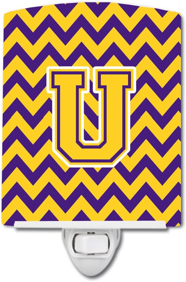 Caroline's Treasures CJ1041-UCNL Letter U Chevron Purple and Gold Ceramic Night Light Compact, UL-Certified, Ideal for Bedroom, Bathroom, Nursery, Hallway, Kitchen, 6x4x3, Multicolor